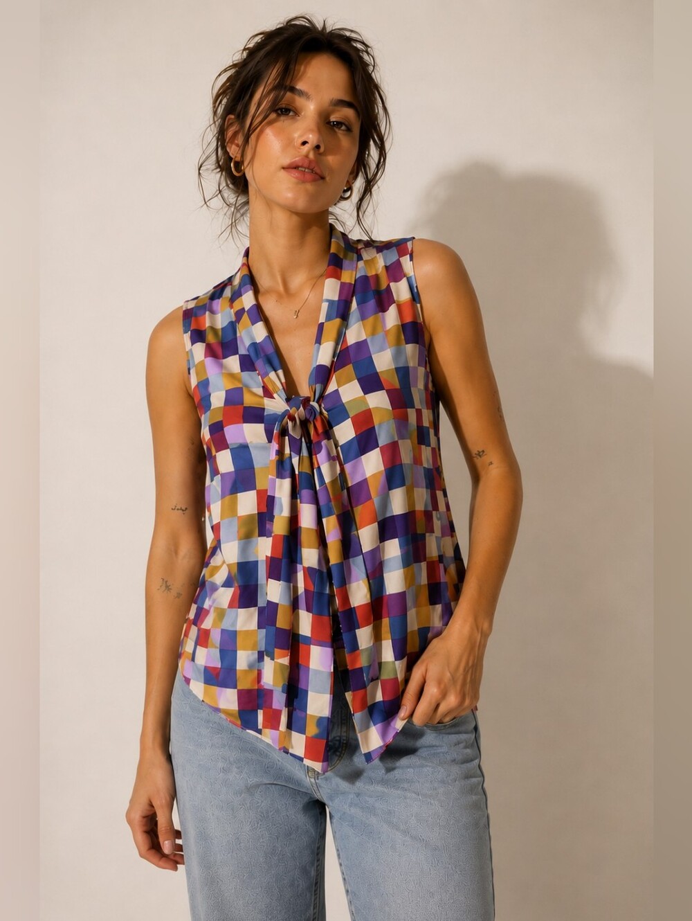 Vintage Poema Colorblock Plaid Tie-Front Sleeveless Blouse | Mad